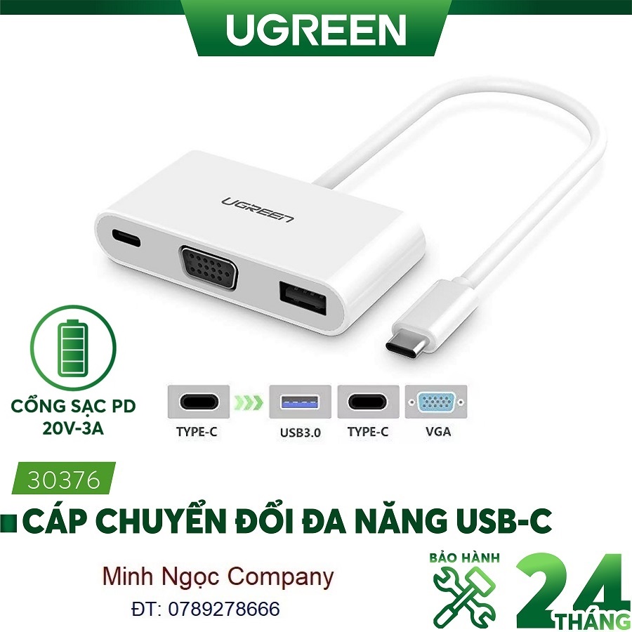 Cáp chuyển đổi USB Type-C sang VGA + USB 3.0 + USB Type-C cao cấp Ugreen 30376 - Hàng Chính Hãng