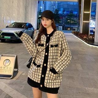 Cardigan len thừng đan caro retro bốn túi