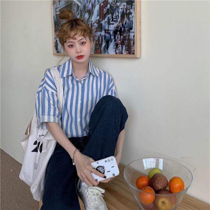 Áo Sơ Mi Tay Lửng Dáng Rộng Họa Tiết Kẻ Sọc Màu Xanh Lá Thời Trang Xuân Hè Hàn Quốc 2021