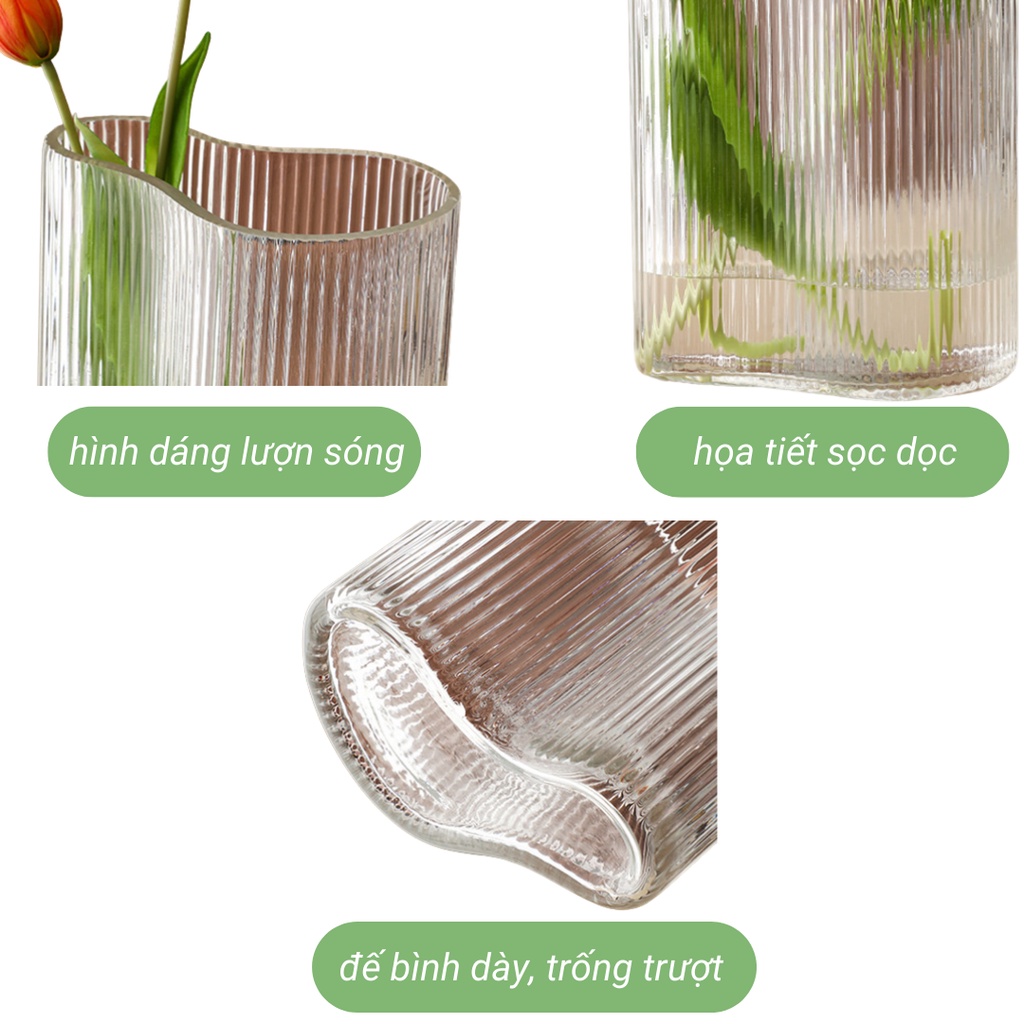Bình Hoa Thủy Tinh Miệng Rộng Trong Suốt Lượn Sóng Họa Tiết Sọc Dọc, Lọ Hoa Trang Trí Phòng Khách BlueBell