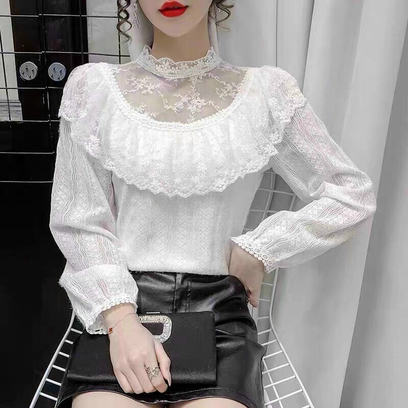 Áo sơ mi ren cổ trụ ren viền tiểu thư
