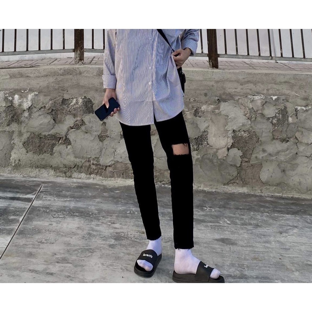 Quần Jean Nam Đen Rách Đùi Chất Liệu Denim Cao Cấp Hot Trend ,Co Giãn Form Chuẩn Mẫu Mới Cực Chất