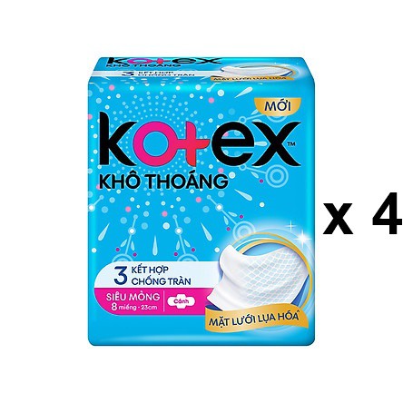 Combo 4 gói băng vệ sinh Kotex khô thoáng - 3 kết hợp chống tràn - siêu mỏng - có cánh gói 8 miếng - 23cm