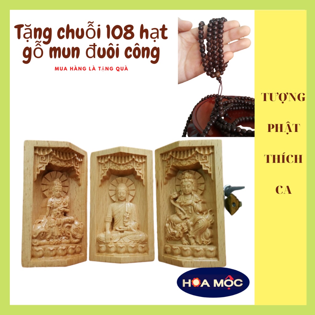 Hộp Tượng Phật Thích Ca – Văn Thù Bồ Tát - Phổ Hiền Bồ Tát . Điêu Khắc Bằng Chất Liệu Gỗ, Tượng nhỏ trang trí, Quà tặng