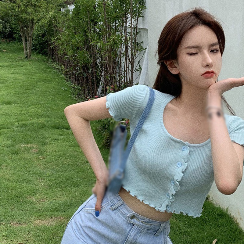Áo Thun Croptop Dệt Kim Cổ Tròn Màu Trơn Phong Cách Hàn Quốc Thời Trang Cho Nữ