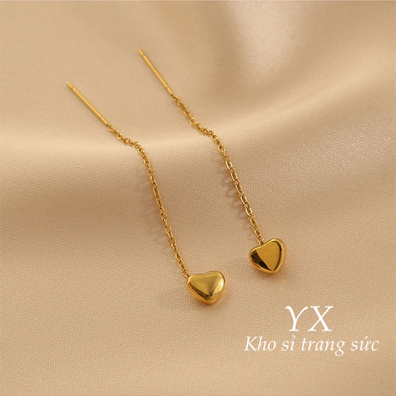Khuyên tai dáng dài bằng thép titan không gỉ hình trái tim xinh xắn thời trang 2021