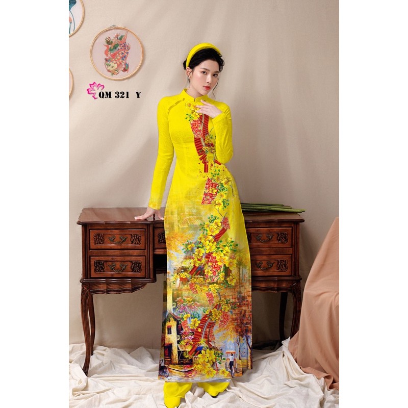 Vải Áo Dài Tằm Ý Hoa Mai Pháo Đỏ Ngày Tết