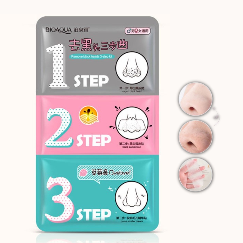 Mặt Nạ Lột Mụn Mũi 3 Bước 3 Step BIOAQUA, Lột Mụn Đầu Đen, Mụn Cám, Se Khít Chân Lông Nội Địa Trung