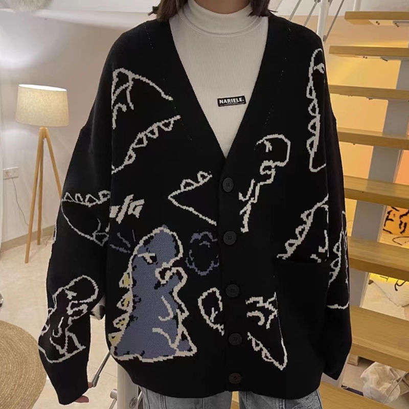 Áo cardigan Dệt Kim Dáng Rộng In Hình Khủng Long Hoạt Hình Phong Cách Hàn Quốc Cho Nữ