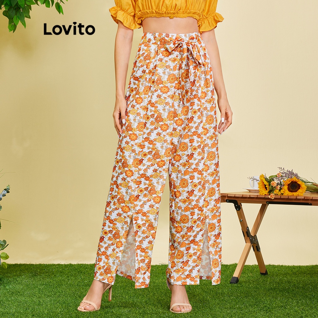 Quần dài (Lovito Exclusive) FREE NATURE Thực vật Ren Up Mặt trước phân chia Boho L28EE047 (Cam)