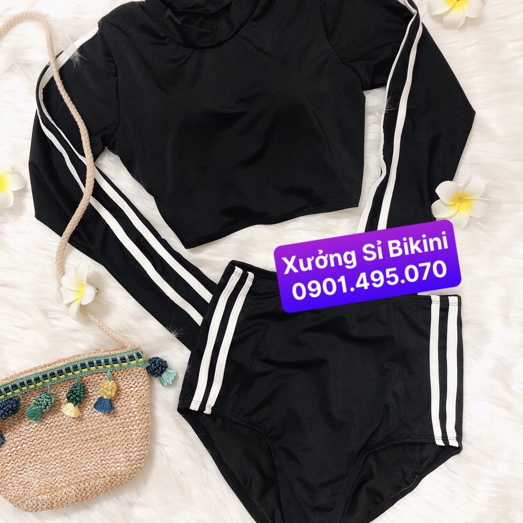[BIKINI TAY DÀI LƯNG CAO] Đồ bơi 2 mảnh tay dài màu đen chạy sọc trắng mix quần cao che bụng kín đáo