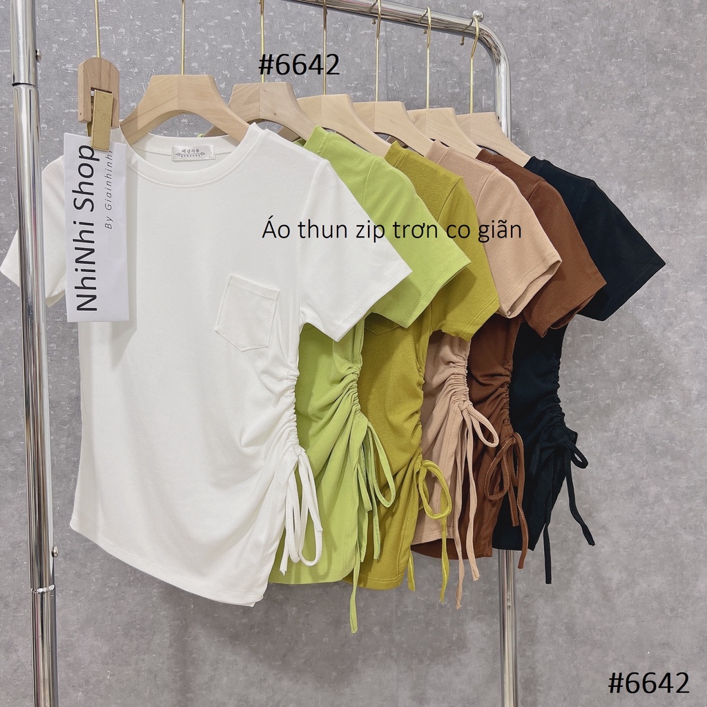 Áo thun kiểu rút dây rúm sườn dáng ôm, Áo kiểu thun trơn cổ tròn AT6642 - NhiNhi Shop
