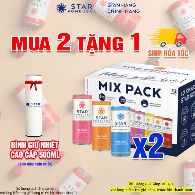 (DATE 2024) Combo 2 Thùng 12 Lon Trà Star Kombucha mix vị