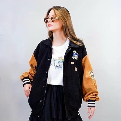 Áo Khoác Bomber Jackets kaki Nhung Tăm Cổ Bẻ Thêu GẤU 89 Form Rộng Unisex Nam Nữ Ulzzang