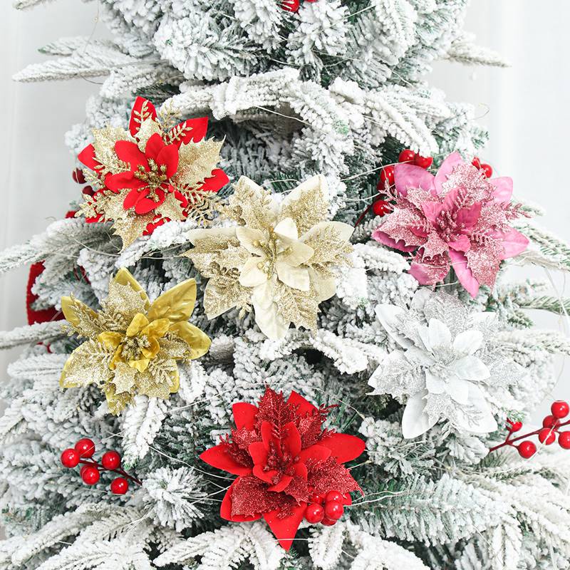 Bộ 5 Bông Hoa Nhân Tạo Lấp Lánh 14cm Trang Trí Giáng Sinh / Năm Mới / Giáng Sinh