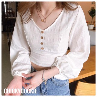 Áo trắng croptop cổ tim 4 nút tay dài