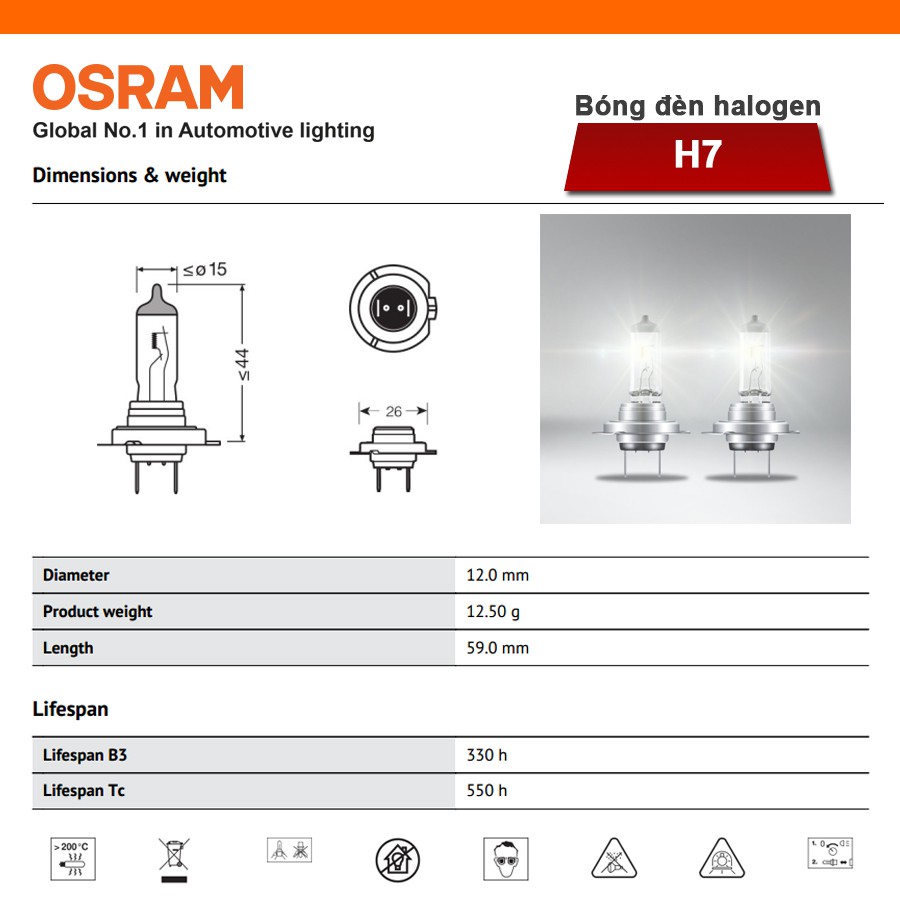 [Mã BMBAU50 giảm 10% đơn 99k] Bóng Đèn Halogen OSRAM Original H7 12V 55W Nhập Khẩu Chính Hãng