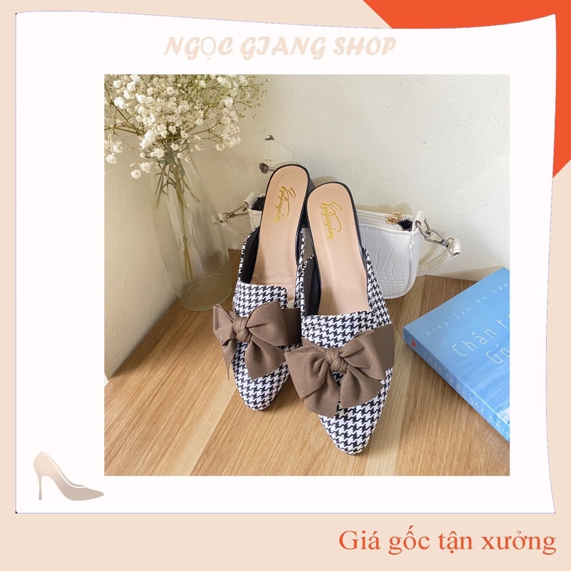 Giày sục Dạ kẻ đen trăng nơ nâu Hàn quốc trẻ trung