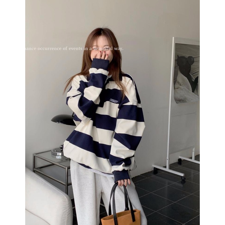 Áo Thun Polo Dáng Rộng Họa Tiết Kẻ Sọc Thêu Chữ Thời Trang Mùa Thu Mới Cho Nữ