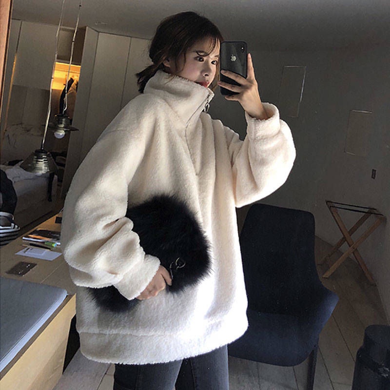 Áo sweater RENJIANVSHENG tay dài cổ cao lông cừu giả thời trang ấm áp dành cho nữ