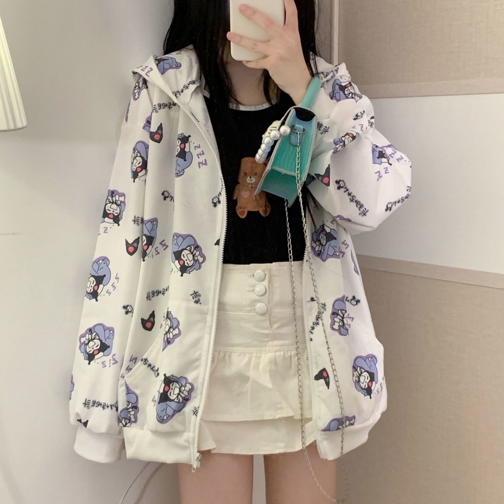 SANRIO Áo Khoác Cardigan Dáng Rộng Có Khóa Kéo In Họa Tiết Hoạt Hình Kuromi Dễ Thương Cho Nữ Sinh