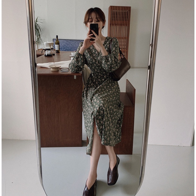 Đầm midi tay dài cổ chữ v họa tiết hoa phong cách retro 45981