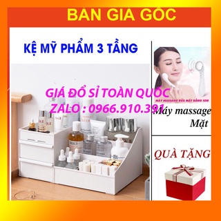 Kệ Đựng Mỹ Phẩm 2 Tầng 3 Ngăn [COMBO TẶNG KÈM] Máy Rửa Mặt Ion GIÁ SỈ Kệ Trang Điểm Để Bàn Nhà Tắm Có Gương Mini Đa Năng