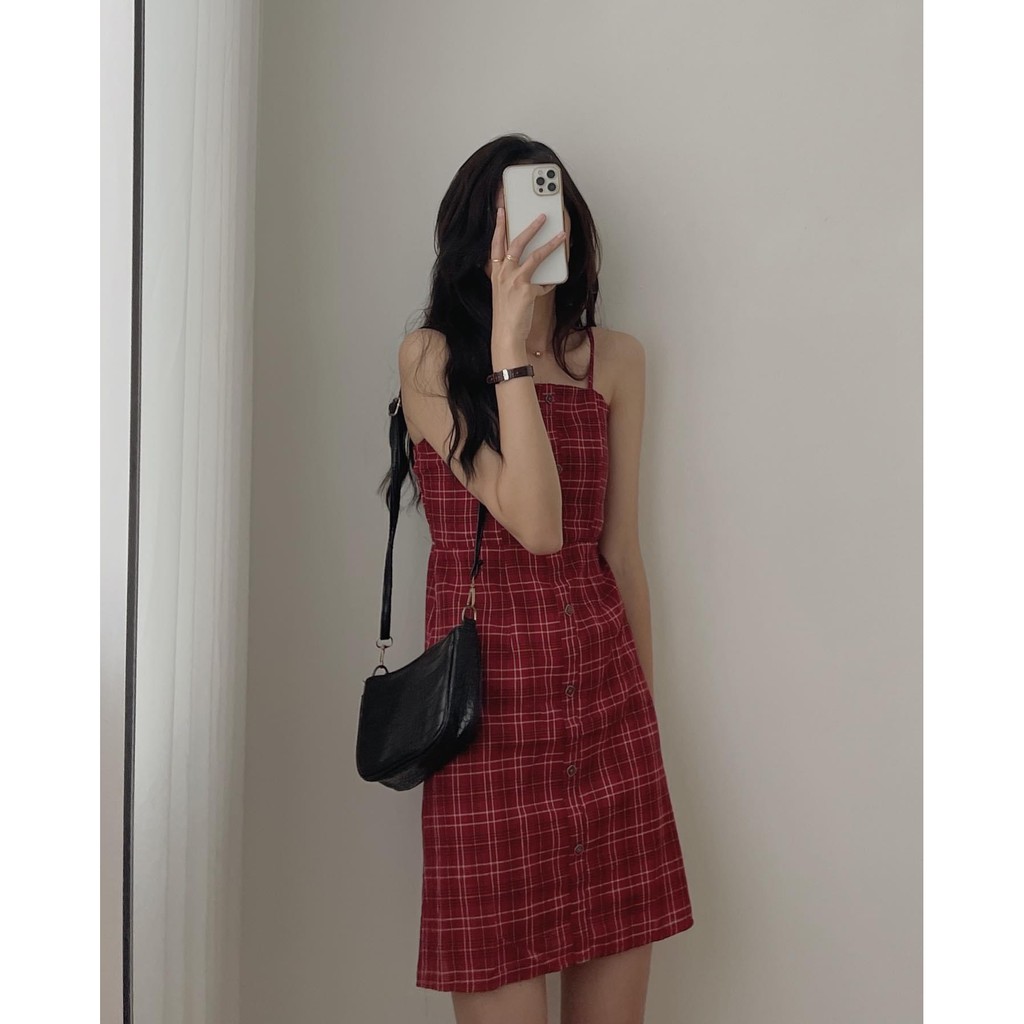 Váy Hai Dây Kẻ Ô Quảng Châu Ulzzang Hàn Quốc Cực Xinh Giá Rẻ- Hàng sẵn- Váy kẻ đỏ hở lưng