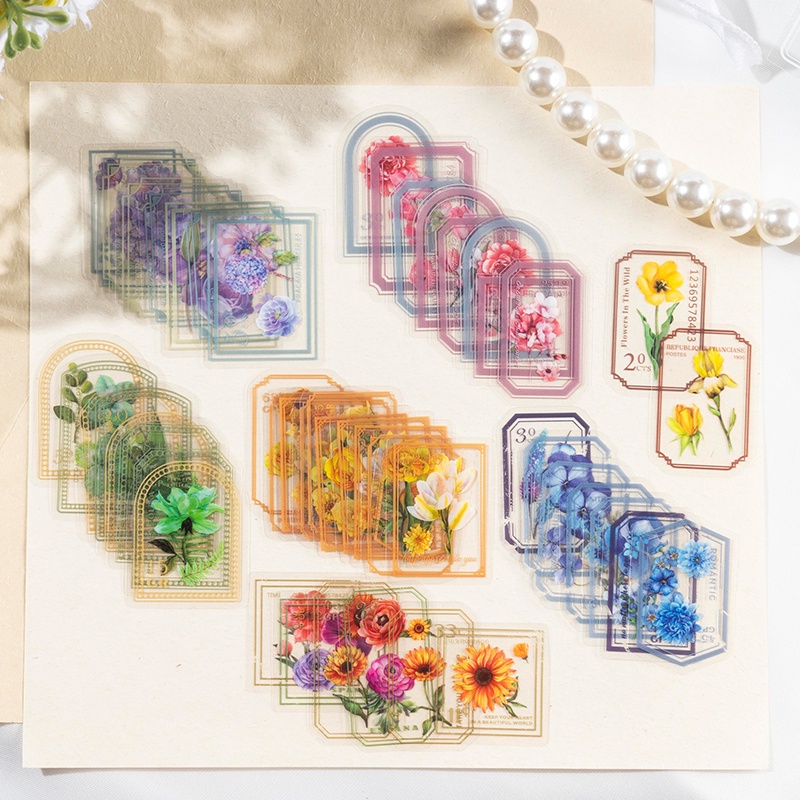 Set 40 Miếng Dán PET Trong Suốt Chống Thấm Nước Họa Tiết Hoa Xinh Xắn Dùng Trang Trí Sổ Tay DIY