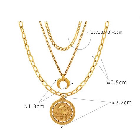 Set dây chuyền titan 3 tầng mặt tròn chạm hình sư tử không gỉ WNS2201