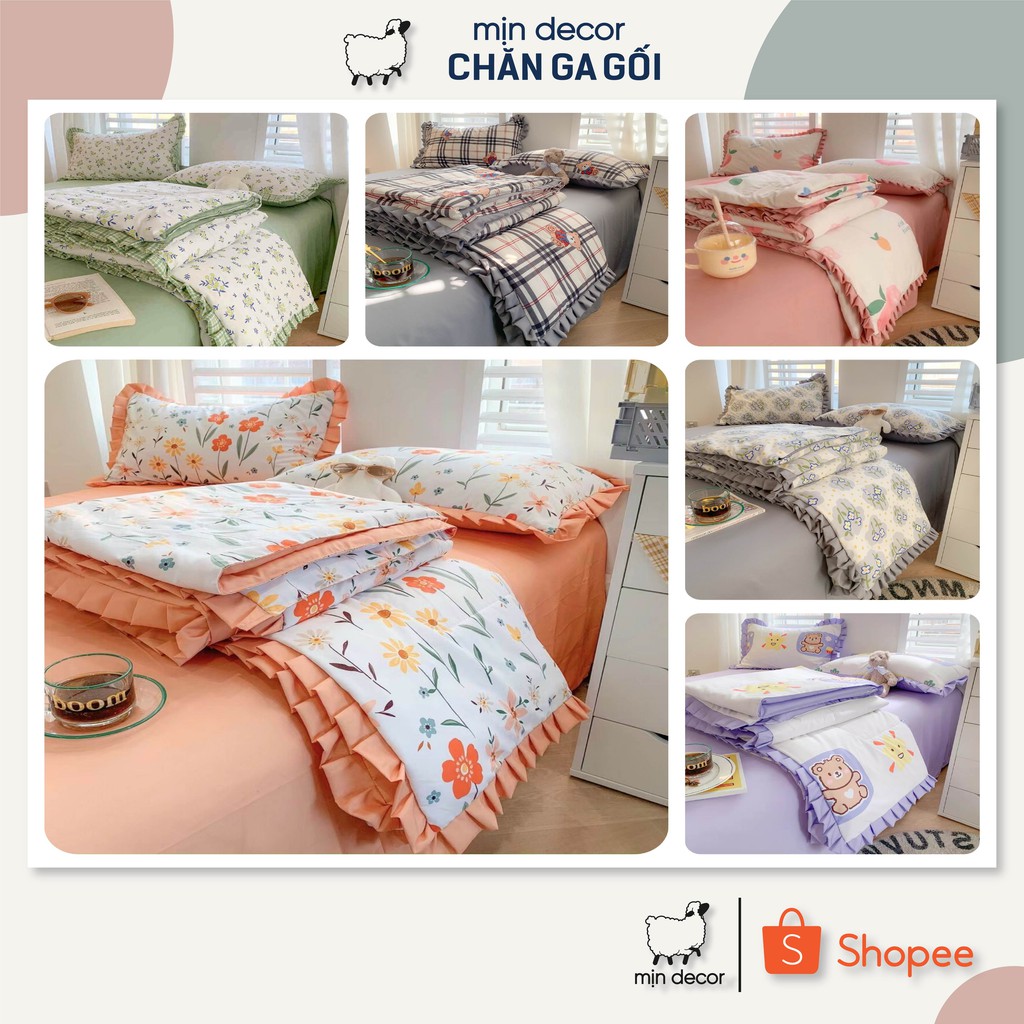 Bộ chăn ga gối Cotton Đũi Bèo Mịn Decor 2021 - Bộ ga giường chăn trần bông mùa hè mềm mịn Phiên Bản 2.0