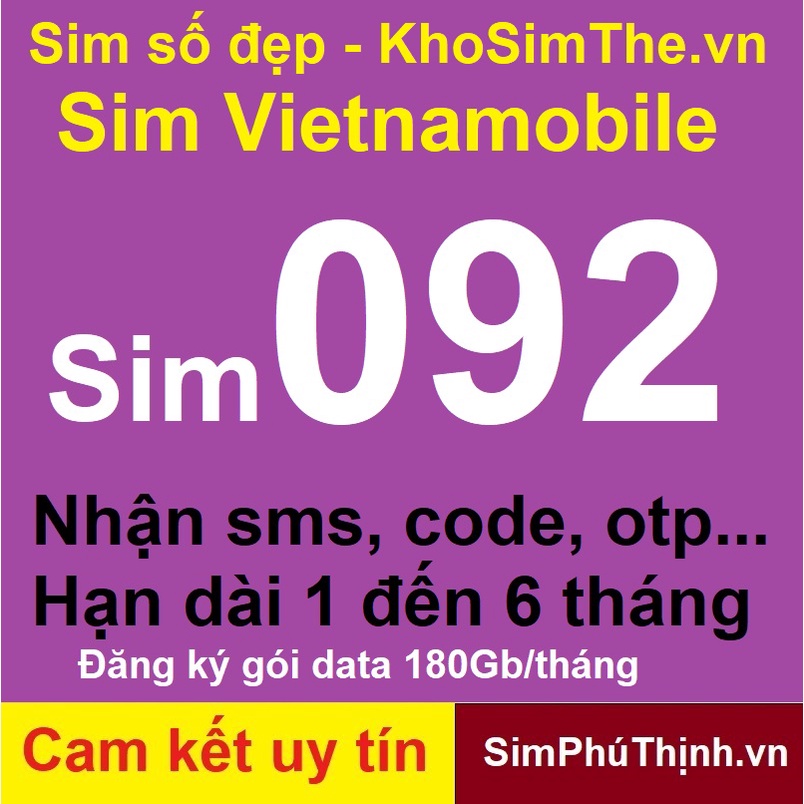 Sim 092 nhận sms đăng ký các ứng dụng shopee, FB, zalo..... gói cước data 189Gb/tháng