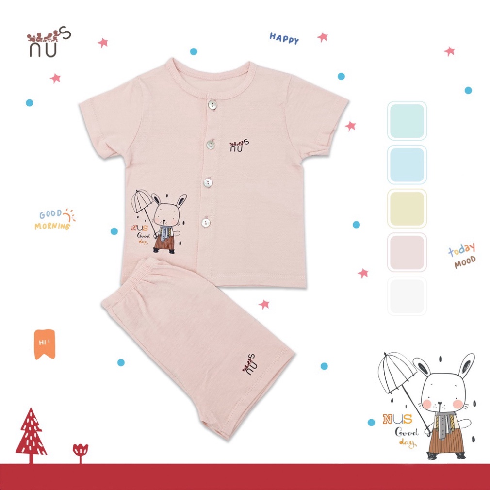 Bộ quần áo cộc tay cho bé cài thẳng họa tiết chuột che dù mềm mịn, dễ thương nhà NUS cho bé dưới 20kg