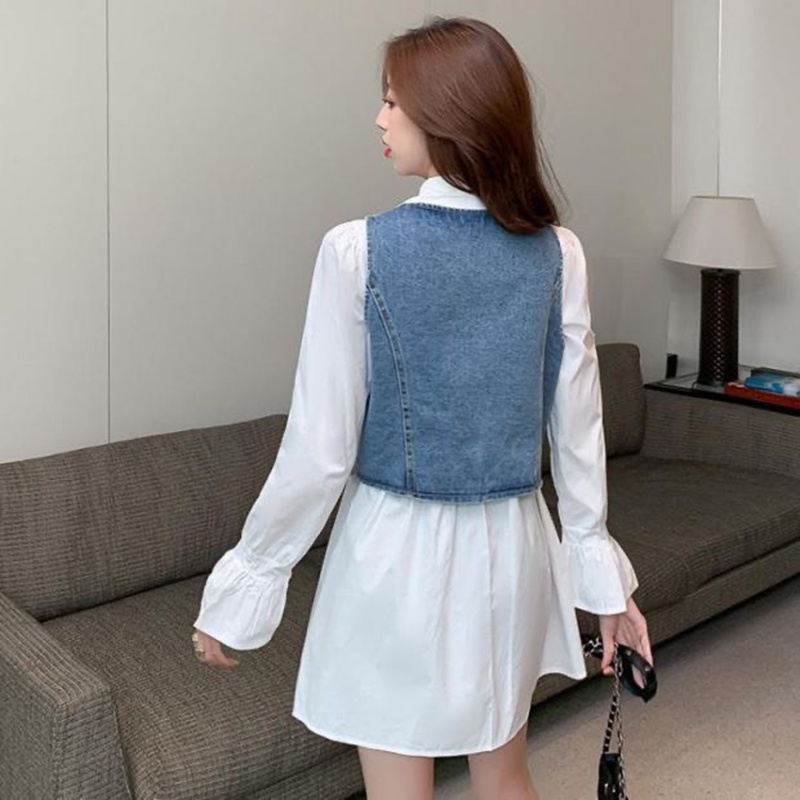 Set váy sơ mi dáng ngắn tay bồng xòe mix áo gile HV702