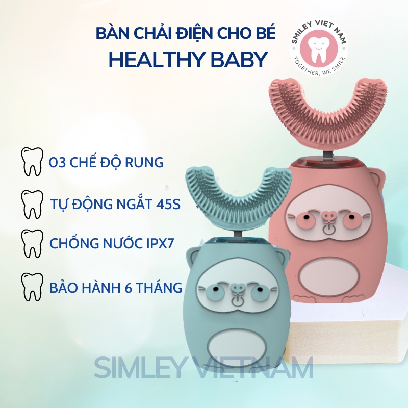 Bàn chải điện cho bé chữ U Healthy Baby - bàn chải điện trẻ em công nghệ Đức - giúp bé vệ sinh răng miệng tự động