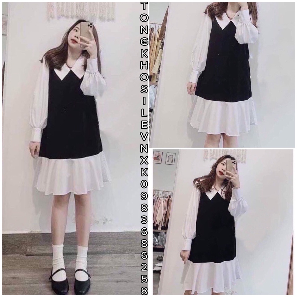 Váy Babydoll Nữ Đen Dài Tay Cổ Sen Trắng 🦋 Đầm Nữ Tay Bèo Đuôi Cá Phối Màu Thanh Lịch