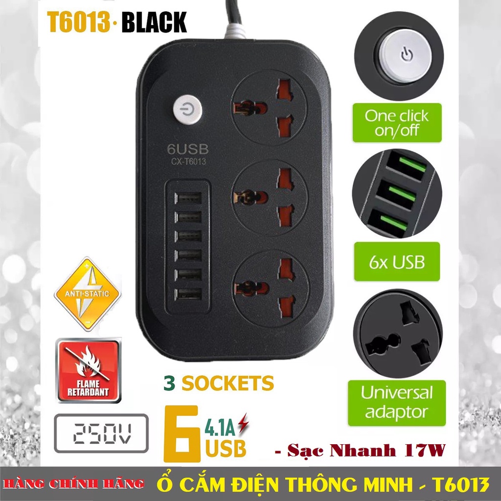 ♝♤Ổ cắm điện thông minh 6 cổng USB sạc nhanh 4.1A công suất 17W, an toàn chống giật, cháy nổ chịu được nhiệt độ 750
