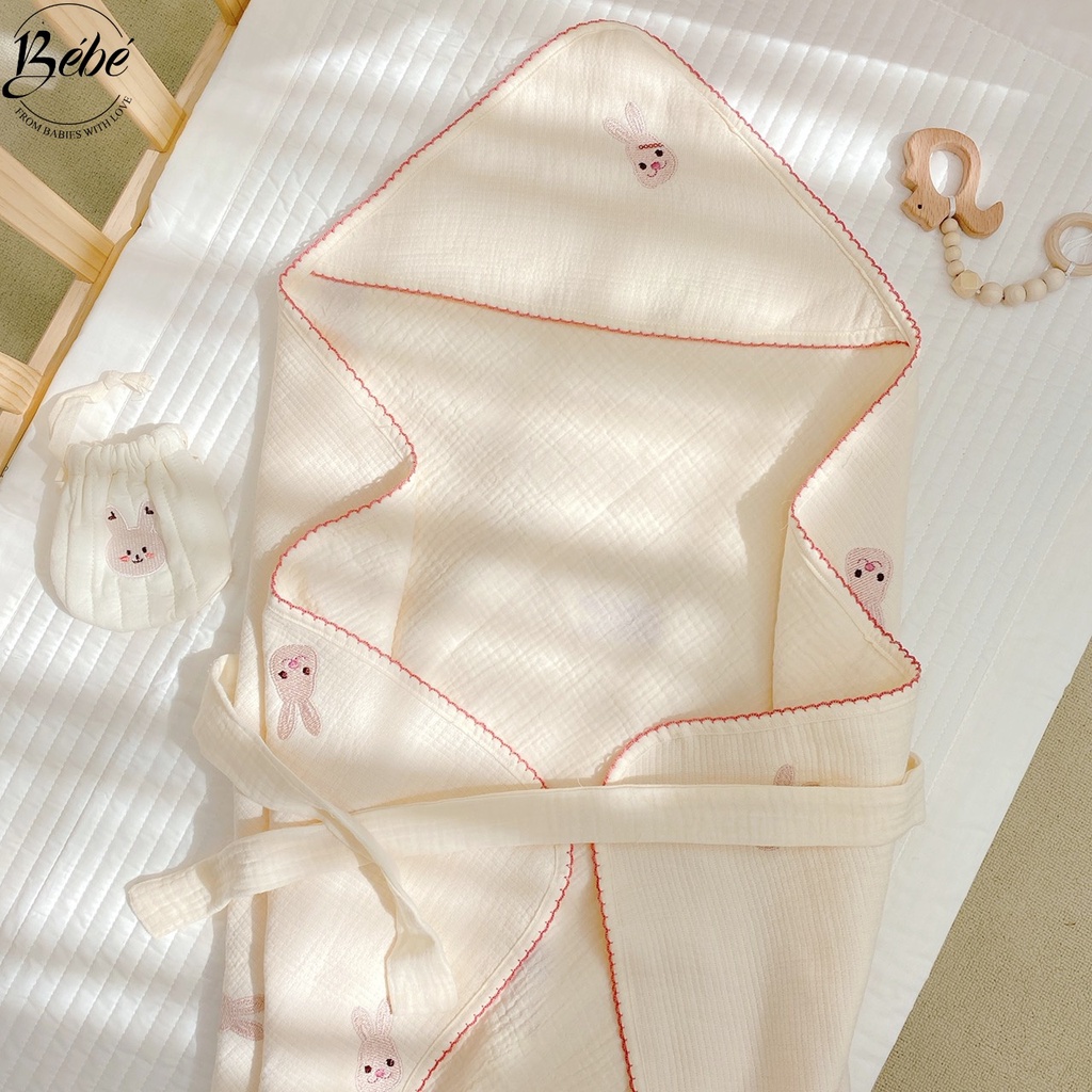 BéBé - Set Bộ Chăn, Gối Đầu, Chăn Ủ Viền Zigzag Họa Tiết Thỏ Thêu Cho Bé