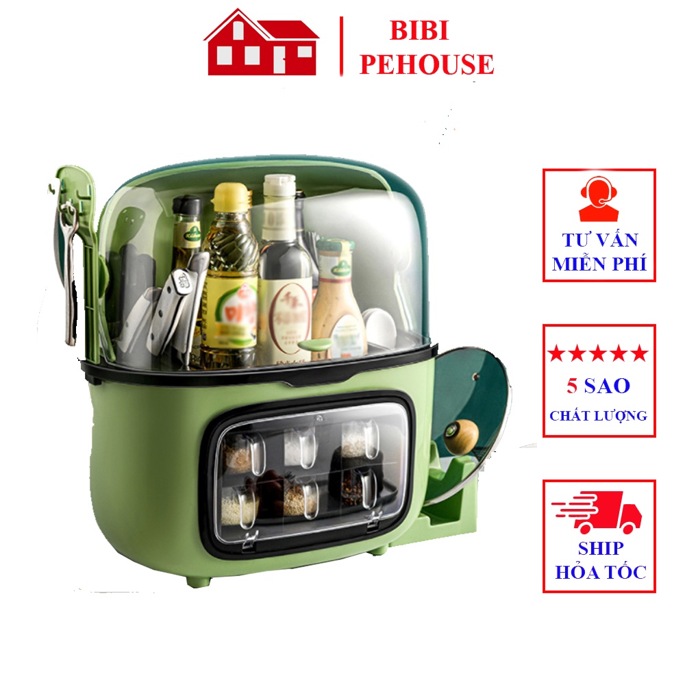 Kệ nhà bếp đa năng có khay để vung Kệ gia vị đồ dùng kèm nắp đậy tặng 6 hộp hũ đựng gia vị bibi shop