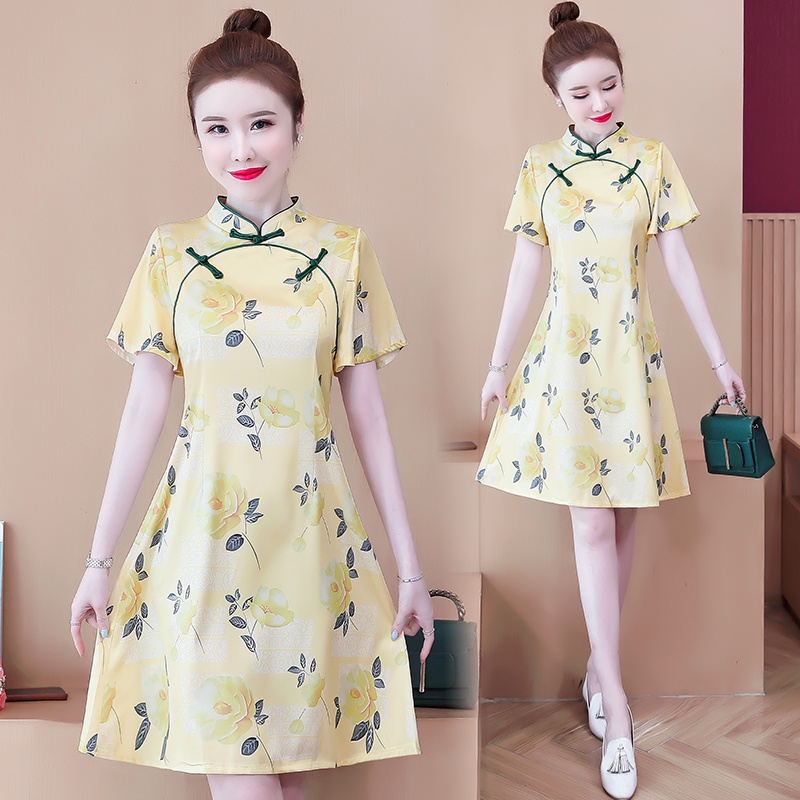 Đầm sườn xám cách tân in họa tiết màu vàng phong cách cổ điển trẻ trung cho nữ