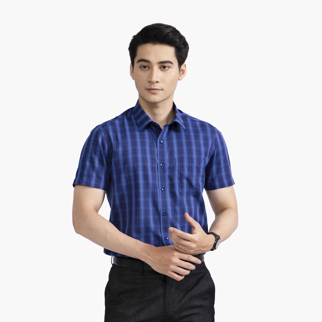 Áo sơ mi ngắn tay nam Aristino phom perfect fit, thiết kế tà bằng, màu xanh nổi bật - ASS315S2