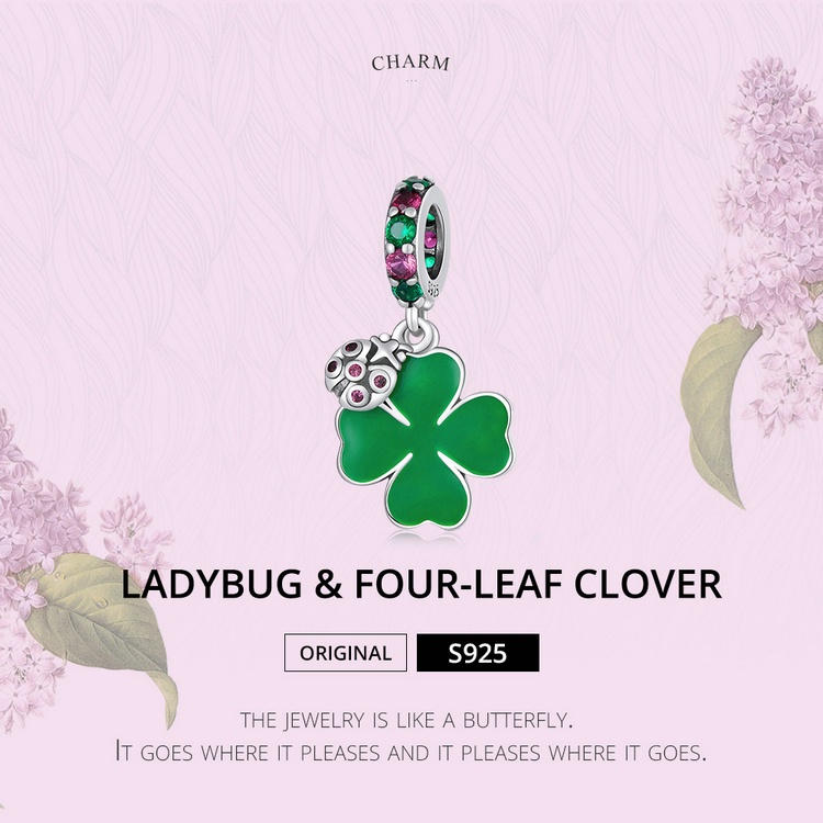 Hạt xỏ lỗ BAMOER SCC2187 bạc 925 hình cỏ bốn lá và bọ cánh cứng làm vòng tay DIY