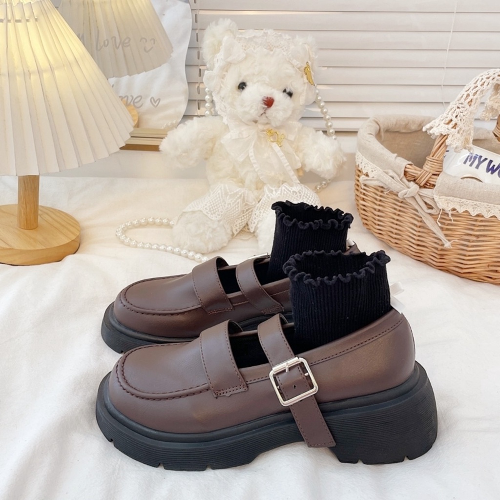 (HÀNG CÓ SẴN Giày Lolita ulzzang vintage oxford mũi tròn khâu viền quai cài da mềm đế bằng 2cm màu đen/nâu đẹp mới xin