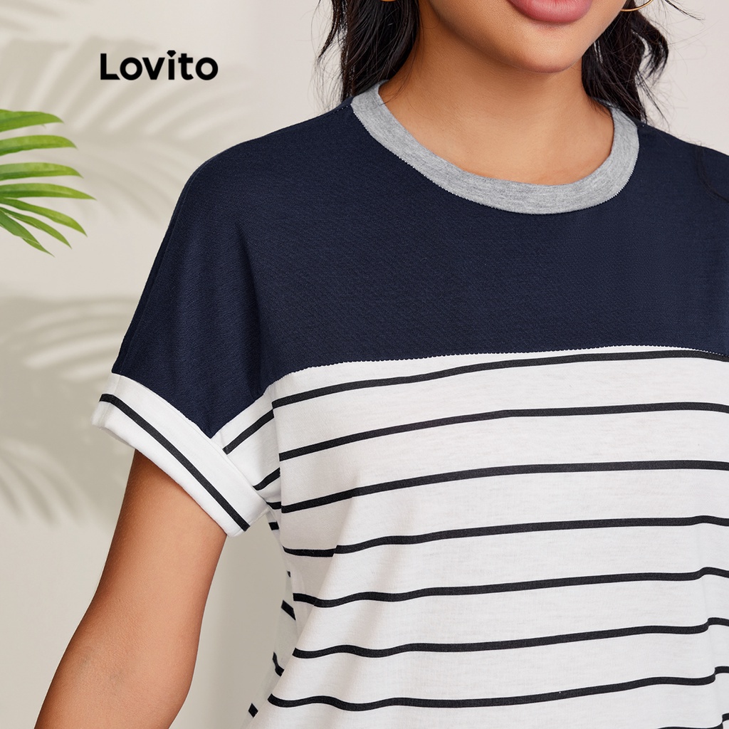 Áo thun Lovito đường khâu kẻ sọc khối màu phong cách thường ngày L27LD004 (màu xanh lam navy)