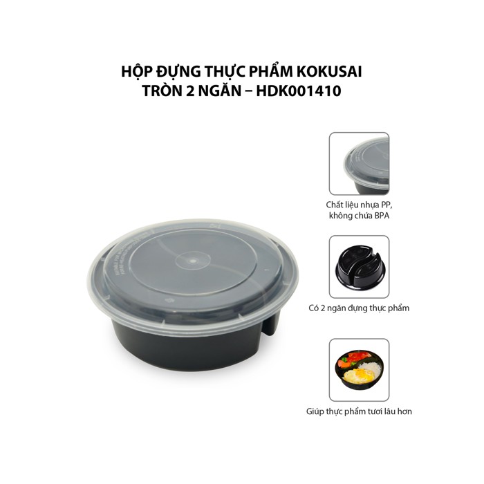 Hộp đựng thực phẩm Kokusai tròn 2 ngăn 1500ml - 5 cái/lốc