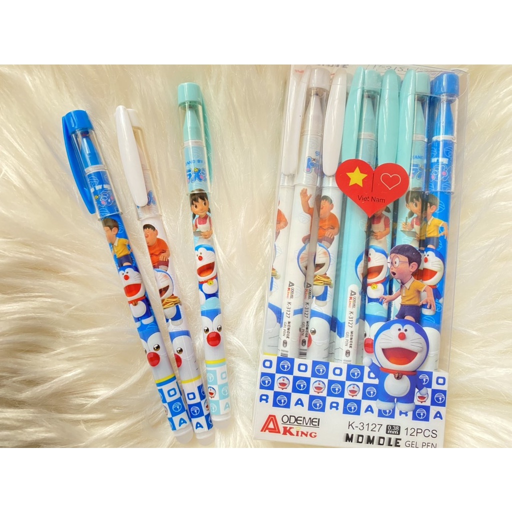 Bút Gel Xóa được có hình Doraemon-0.5mm (Giá rẻ) - Hộp gồm 12 bút gel xóa được, cùng màu (Xanh/tím)