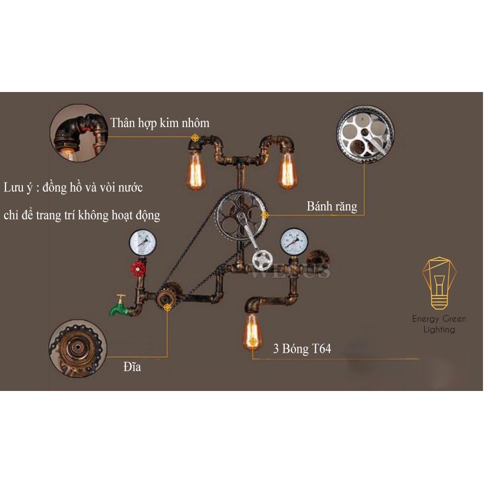 Đèn Tường Energy Green Lighting Retro DT-7869 - Hình Ống Nước - Kiểu Dáng Cổ Điển - Tặng Kèm 3 Bóng T64