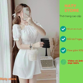 váy tiểu thư cổ yếm tay bồng TCY1 siêu hót , dáng xòe xếp li tay áo thắt nơ (3màu : trắng ,đỏ ,xanh) siêu xin HATY STORE