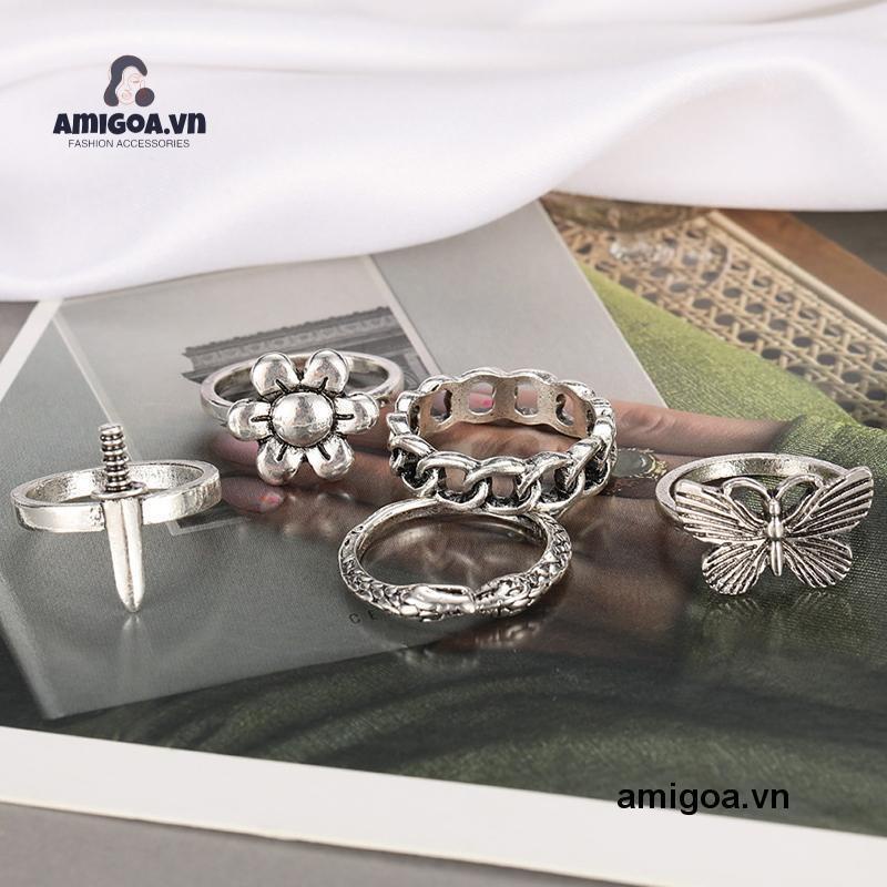 【amigoa.vn】 Set 5 Nhẫn Hình Rắn/Bướm/Cá Sấu Retro Đơn Giản Sáng Tạo Cho Nữ