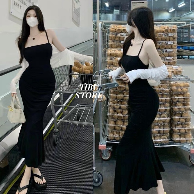 Đầm body hở lưng hai dây dáng dài TIBU, đầm đuôi cá kèm áo khoác cardigan len tăm nữ dự tiệc đi chơi